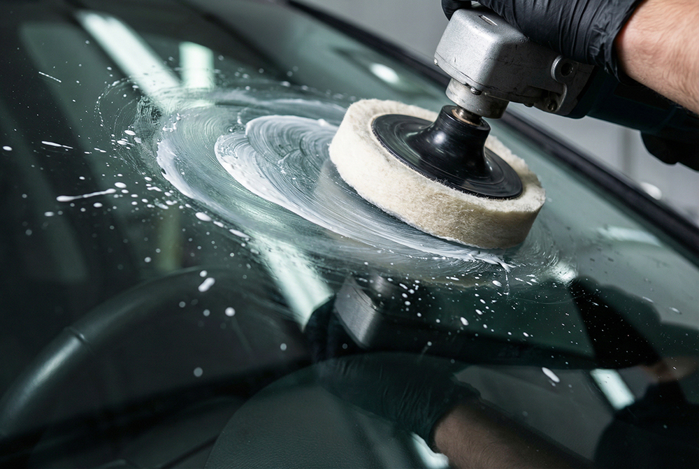 Polishing car windshield glass with rotary machine and felt pad