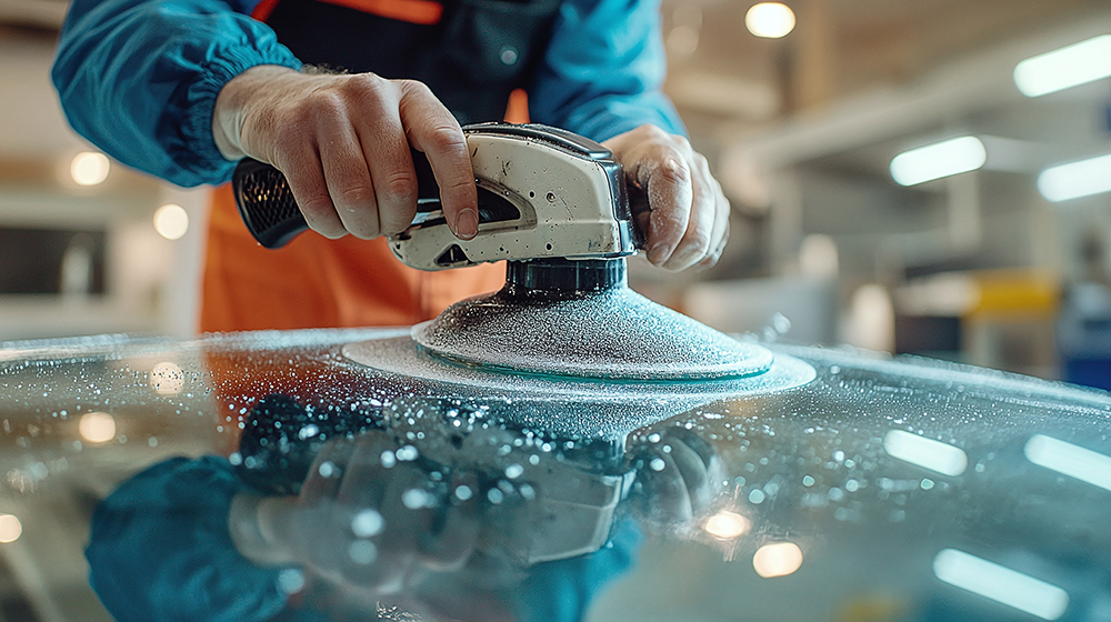 The image shows detailing of a windshield car with polishing mac